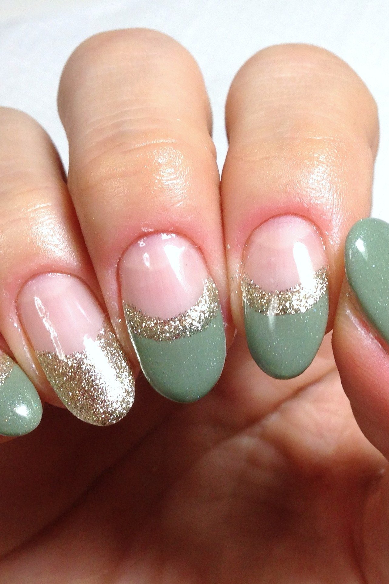Sage green to pink ombre nails with gold accents for women over 60