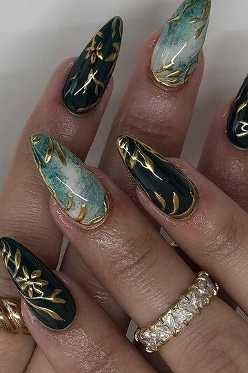 Dark green nails with gold marble nail art for women over 60