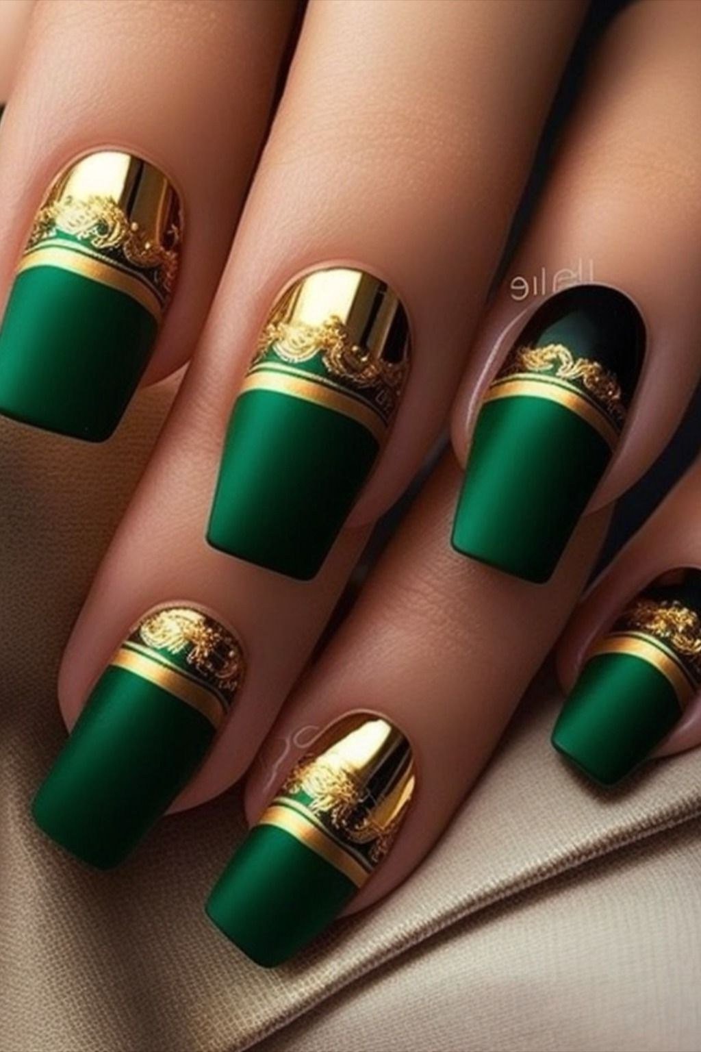 Dark green matte nails with gold band tips for women over 60