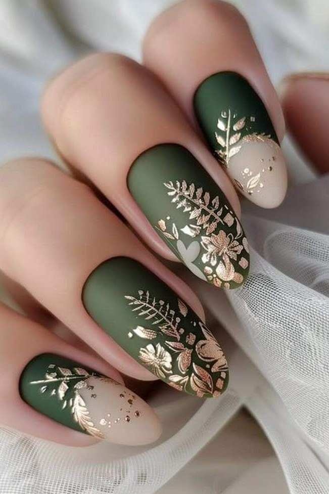 Olive green nails with white botanical and gold nail art for women over 60