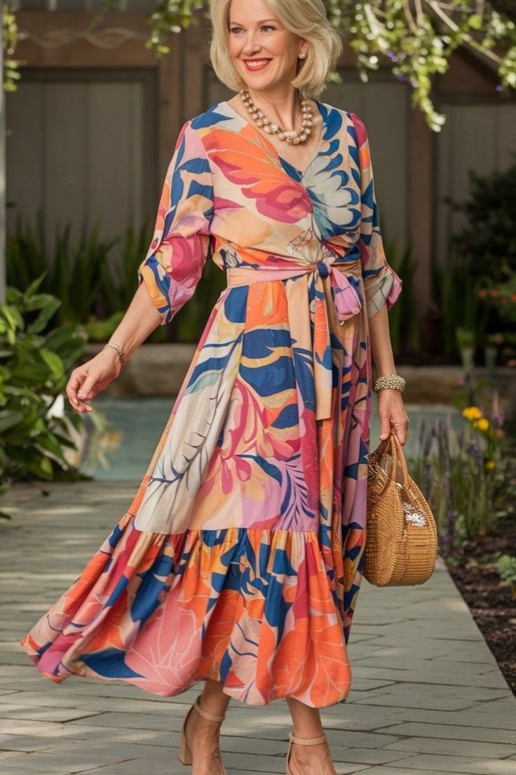 Colorful Floral Maxi Wrap Dress - elegant summer dress for women over 60