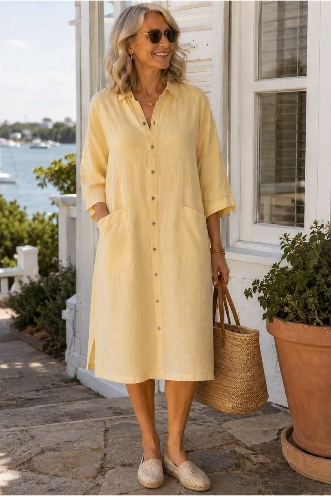 Light Blue Shirt Dress With White Tote - elegant summer dress for women over 60