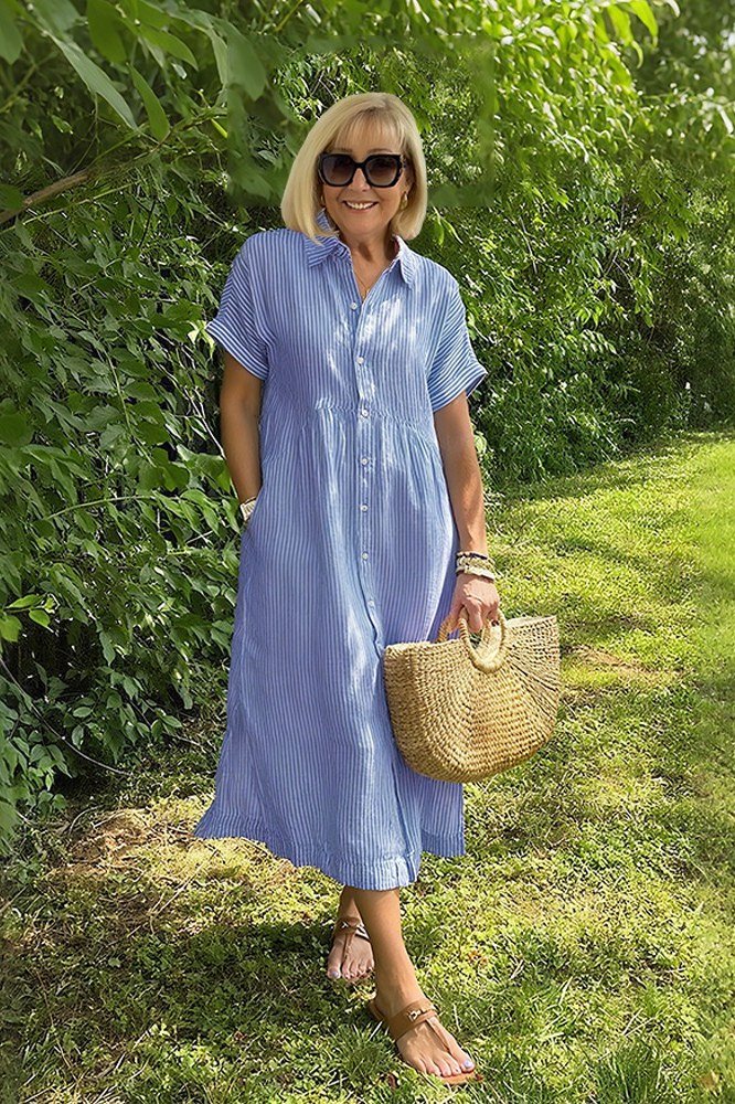 Cobalt Blue Linen Shirt Dress Set - elegant summer dress for women over 60