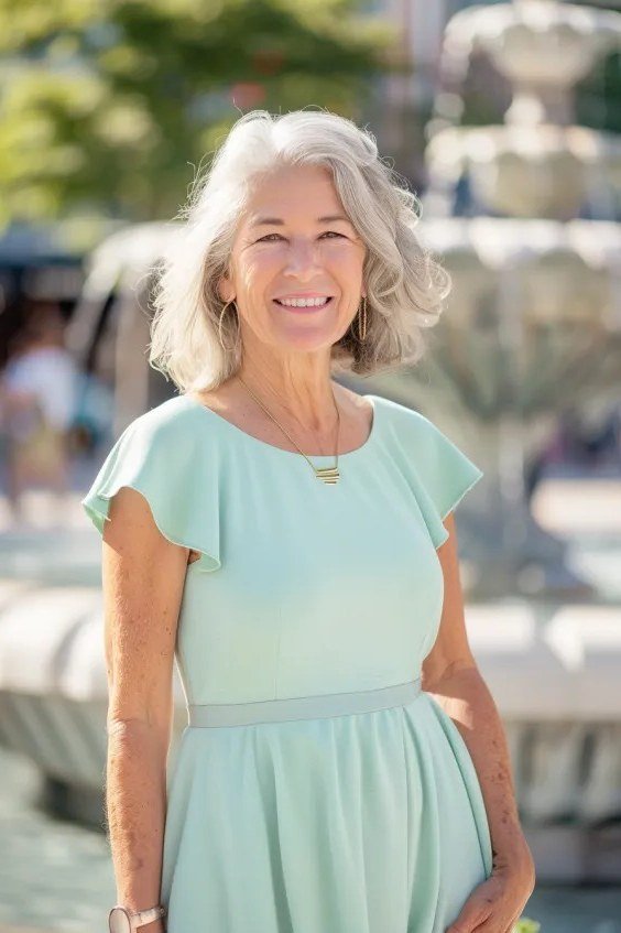 Light Blue Floral Midi Dress - elegant summer dress for women over 60