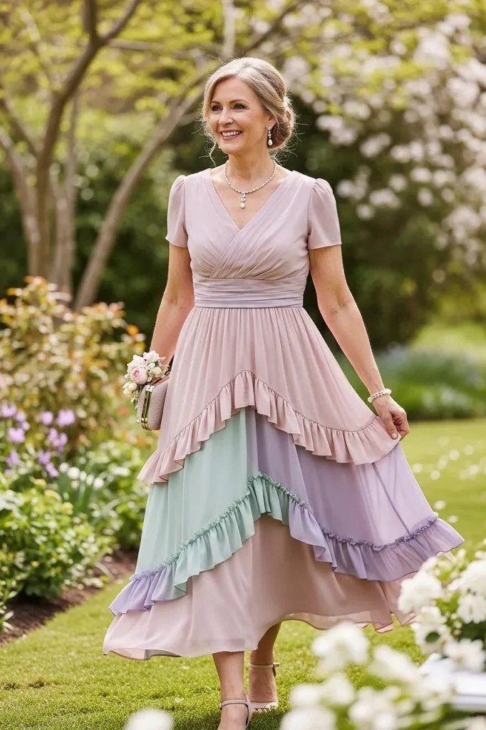 Watercolor Floral Ruffle Midi Dress - elegant summer dress for women over 60