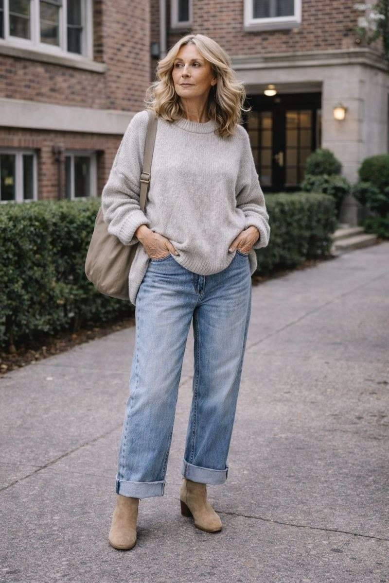 Grey Slouchy Sweater with Light-Wash Jeans, elegant winter outfit for women over 60