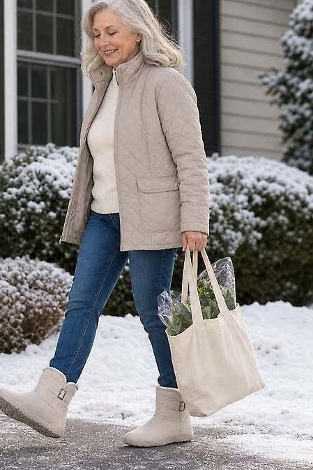 Beige Wool Coat with Blue Jeans and Cream Boots, elegant winter outfit for women over 60