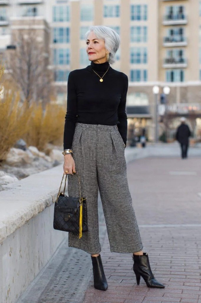 Black Turtleneck with Grey Culottes and Ankle Boots, elegant winter outfit for women over 60