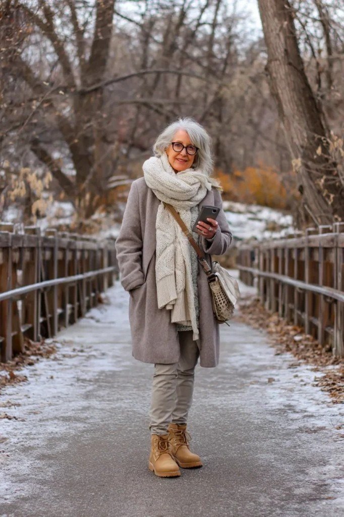Grey Coat with Chunky Cream Scarf, elegant winter outfit for women over 60