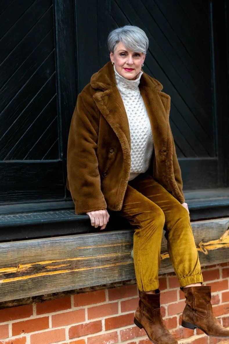 Brown Faux Fur Coat with Mustard Pants, elegant winter outfit for women over 60