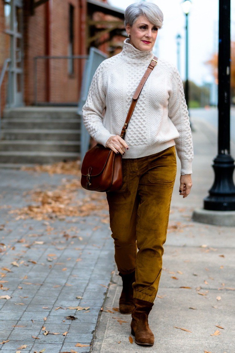 Cream Cable Knit with Mustard Corduroy Pants, elegant winter outfit for women over 60