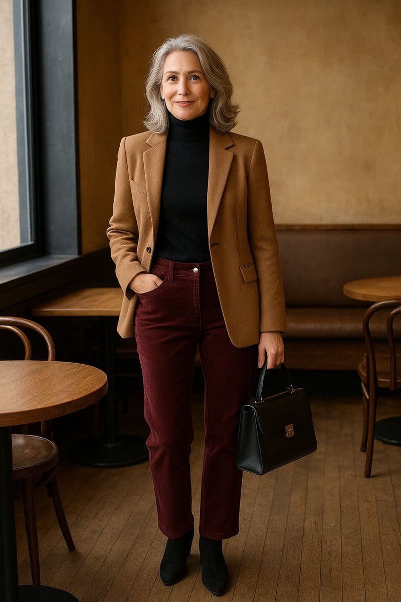Camel Blazer with Burgundy Pants and Black Top, elegant winter outfit for women over 60