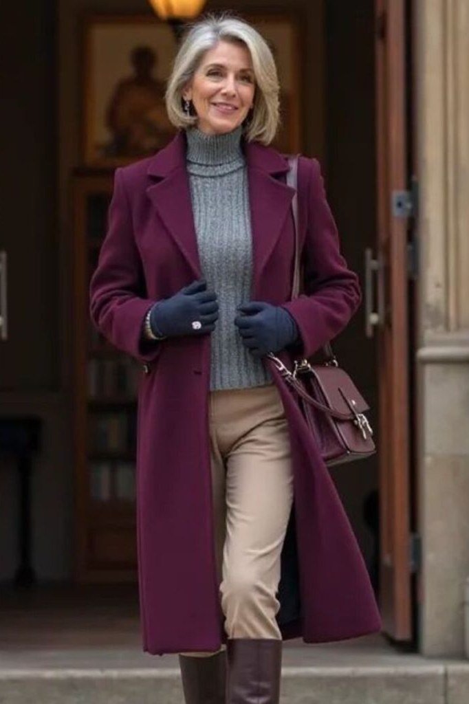 Plum Wool Coat with Grey Sweater and Gloves, elegant winter outfit for women over 60