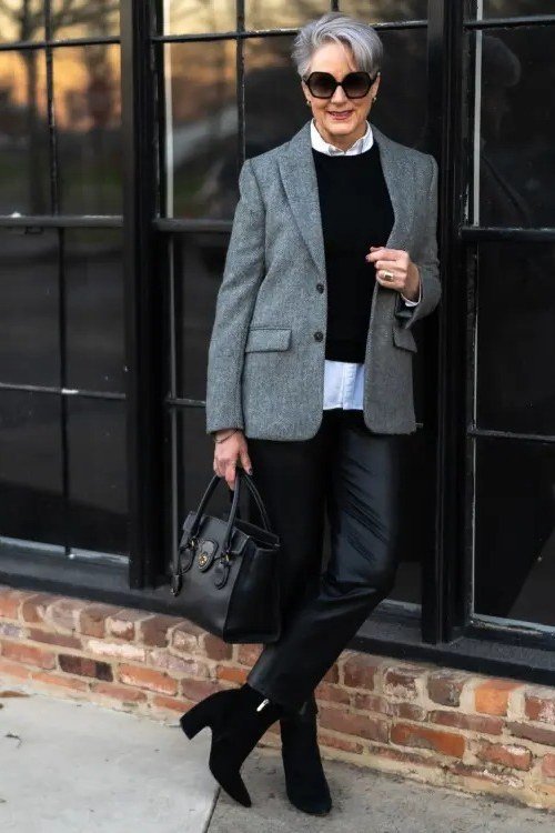 Grey Plaid Blazer with Black Layers, elegant winter outfit for women over 60