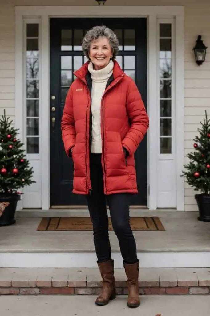Red Quilted Coat with Cream Turtleneck, elegant winter outfit for women over 60