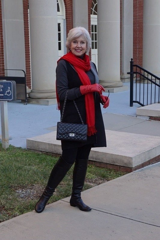 Black Coat with Red Scarf and Black Pants, elegant winter outfit for women over 60