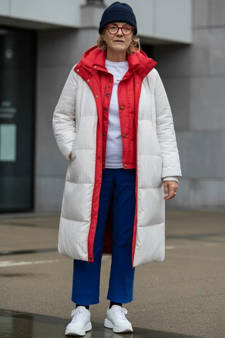 Long White Puffer with Red Scarf and Sneakers, elegant winter outfit for women over 60