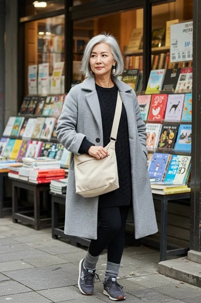 Grey Long Coat with Black Layers at a Bookstall, elegant winter outfit for women over 60