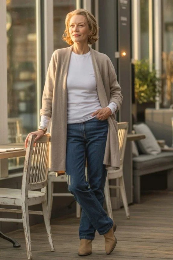 Tan Long Cardigan with Jeans and Tan Boots, elegant winter outfit for women over 60