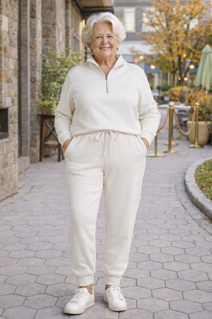 Cream Athleisure Set with White Sneakers, elegant winter outfit for women over 60