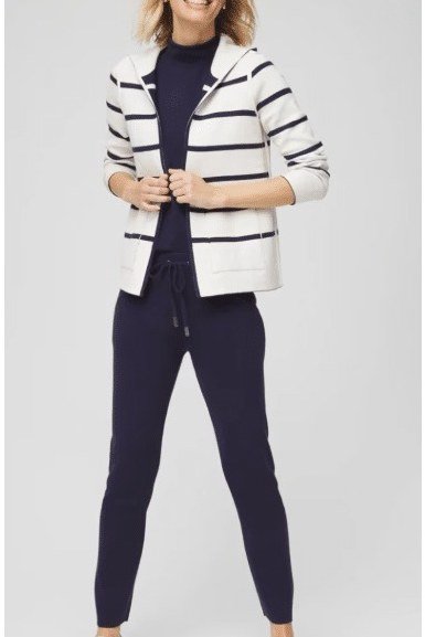 Striped Cardigan with Navy Joggers and Sneakers, elegant winter outfit for women over 60