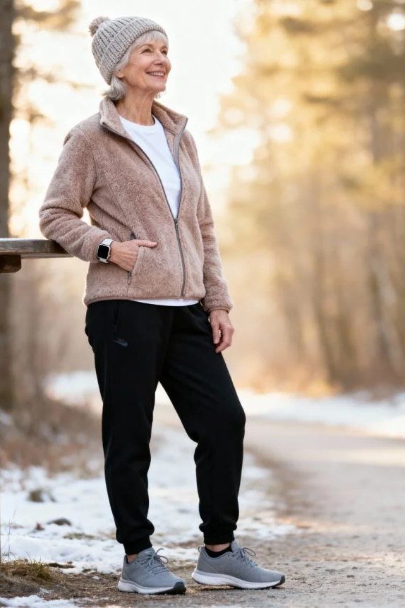 Beige Fleece Jacket with Beanie in the Snow, elegant winter outfit for women over 60
