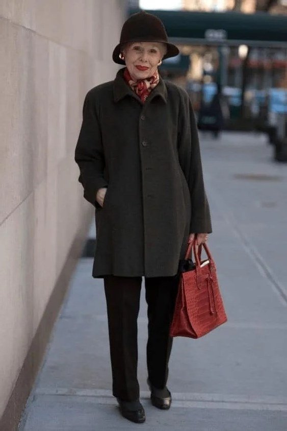 Olive Wool Coat with Bucket Hat and Red Bag, elegant winter outfit for women over 60