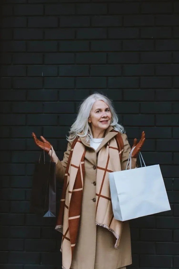 Camel Coat with Brown Plaid Scarf and Shopping Bags, elegant winter outfit for women over 60