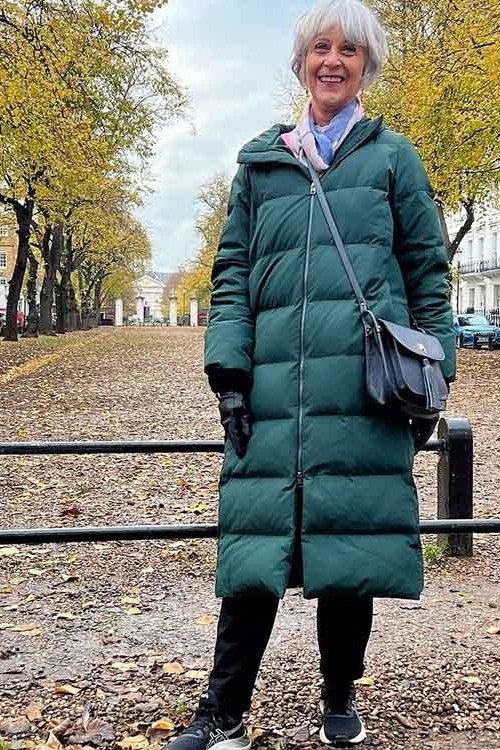 Forest Green Long Puffer with Purple Scarf, elegant winter outfit for women over 60