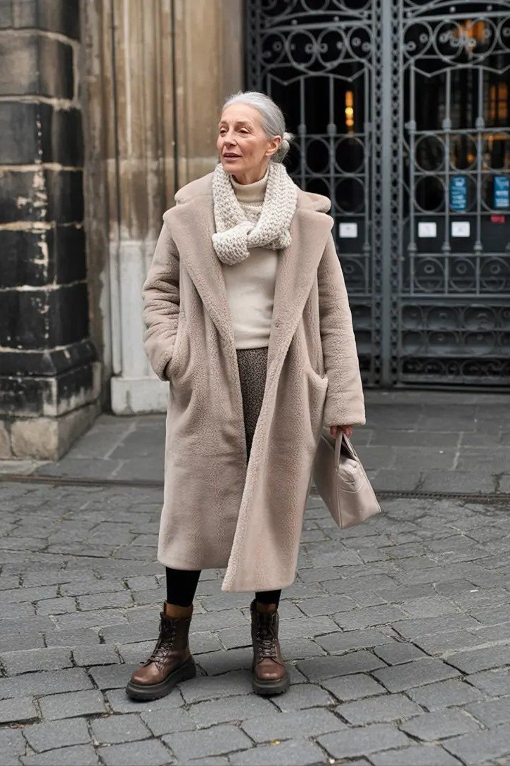 Camel Coat with Cream Sweater and Brown Boots, elegant winter outfit for women over 60