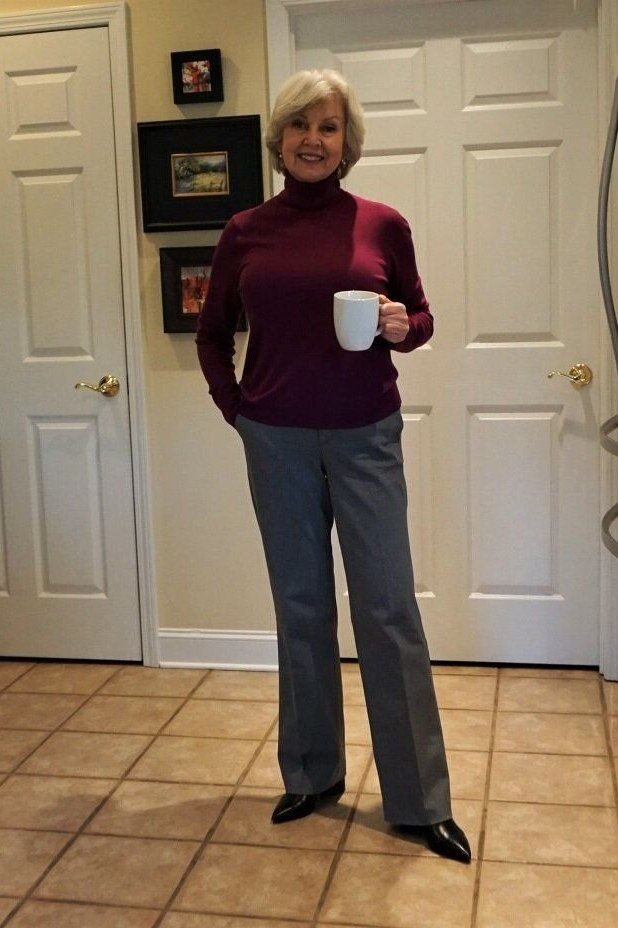 Plum Turtleneck with Grey Pants and Coffee, elegant winter outfit for women over 60