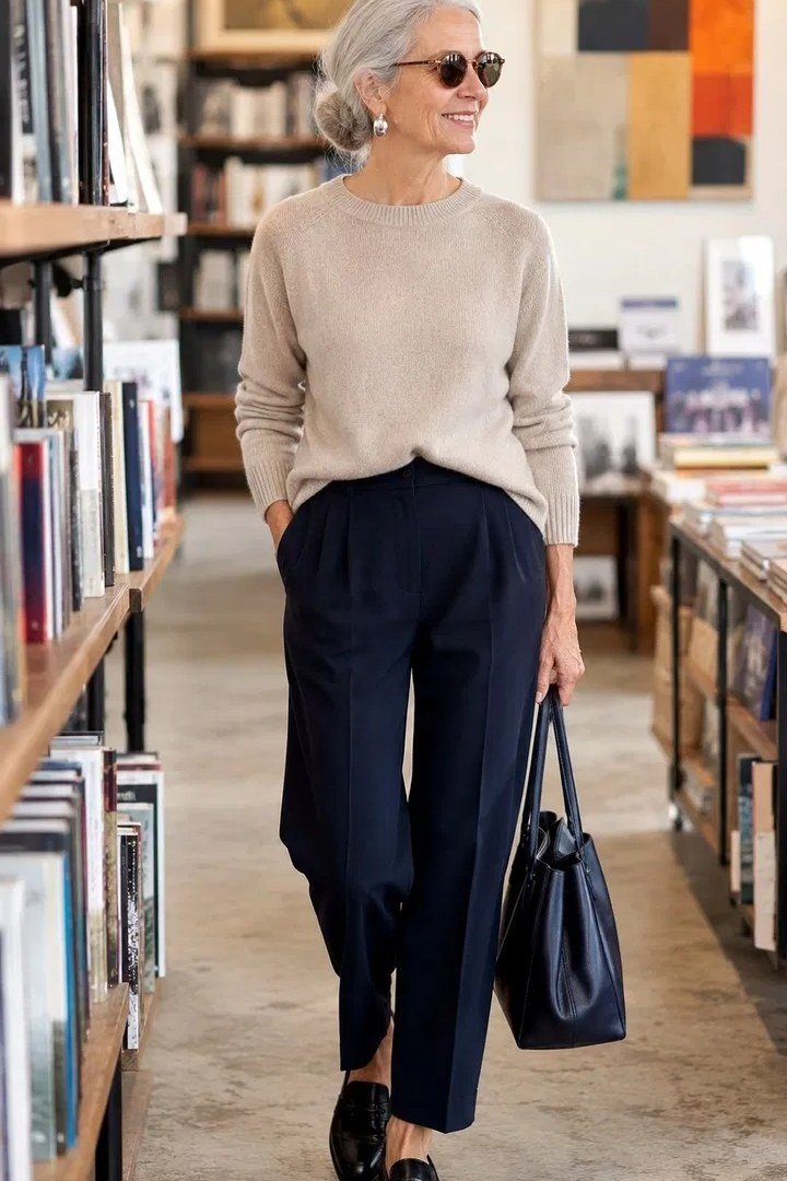 Cream Sweater with Navy Trousers in a Library, elegant winter outfit for women over 60