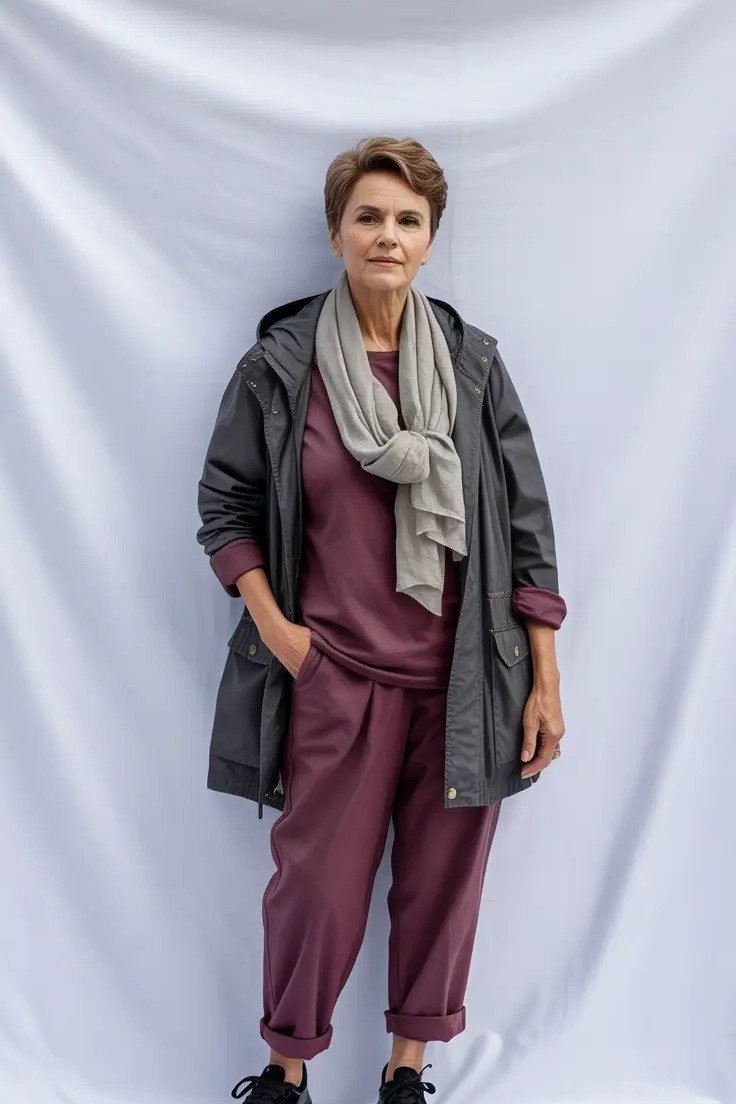 Grey Hooded Coat with Burgundy Pants, elegant winter outfit for women over 60