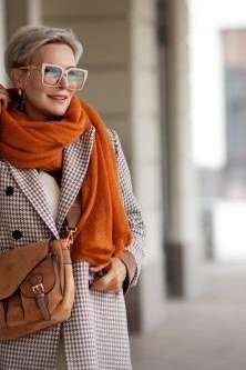 Houndstooth Coat with Rust Scarf, elegant winter outfit for women over 60