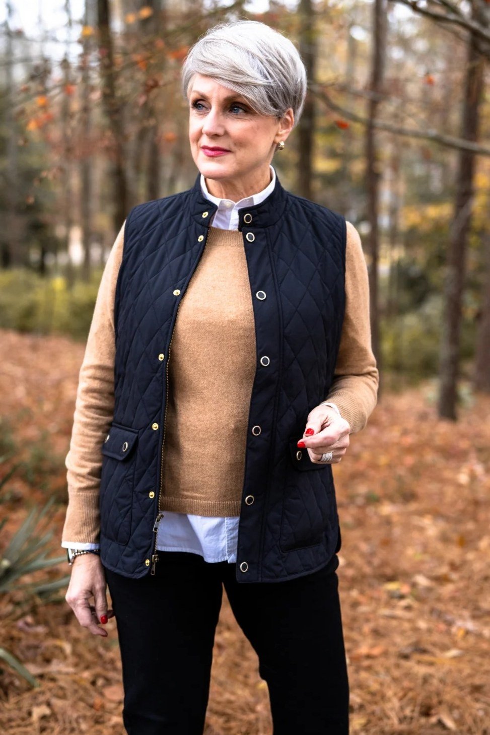 Navy Quilted Vest with Camel Sweater, elegant winter outfit for women over 60