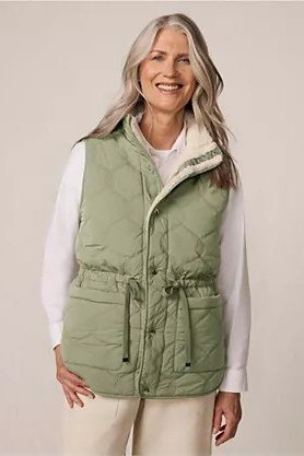 Sage Green Quilted Vest with White Henley, elegant winter outfit for women over 60