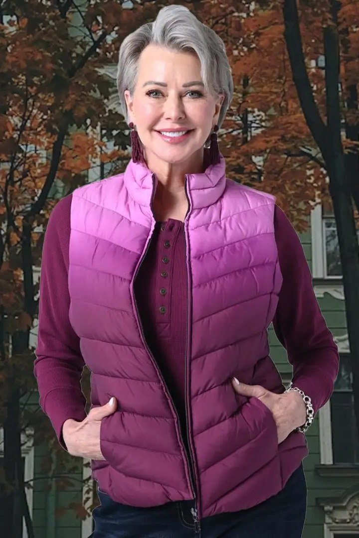 Magenta Puffer Vest with Dark Pants, elegant winter outfit for women over 60