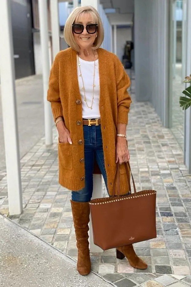 Rust Cardigan with White Tee and Tan Boots, elegant winter outfit for women over 60