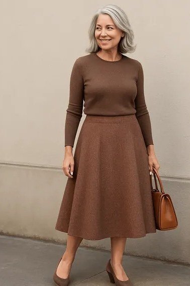 Elegant work outfit for women over 50: brown knit top, brown flared midi skirt, tan heels