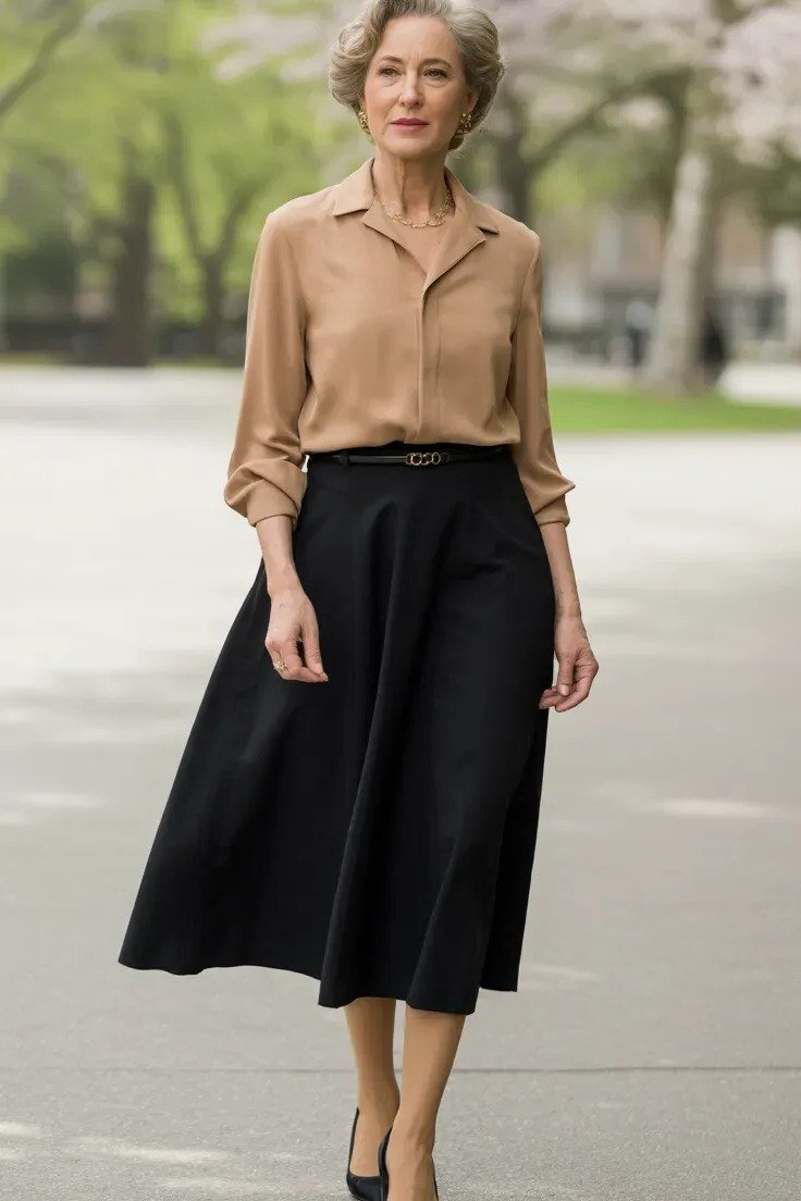 Elegant work outfit for women over 50: tan blouse, black full midi skirt, black heels, park