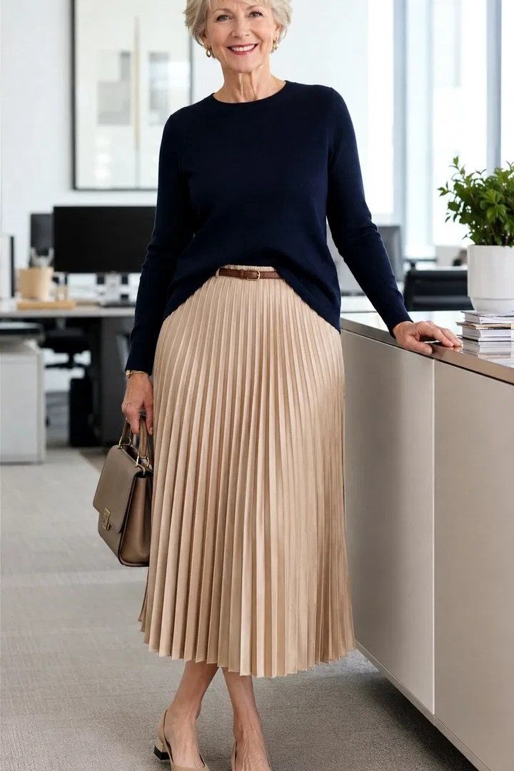 Elegant work outfit for women over 50: navy sweater, beige pleated midi skirt, office counter