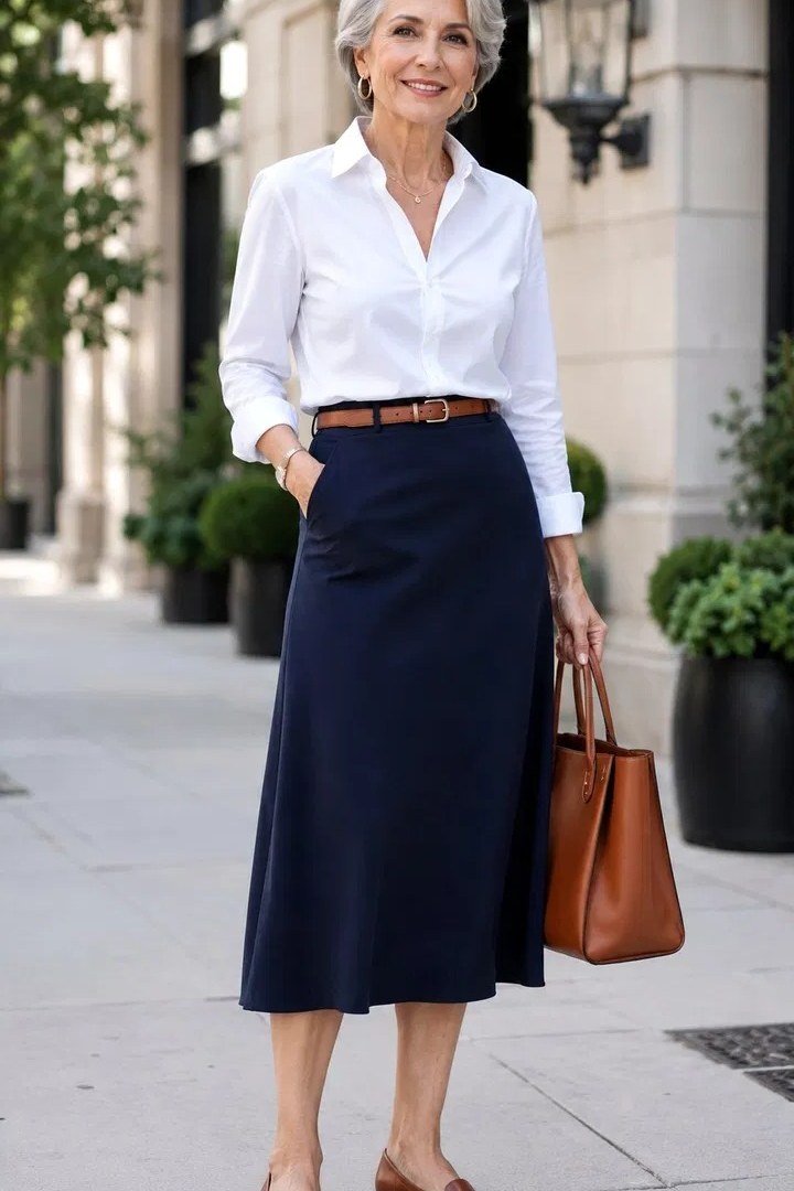 Elegant work outfit for women over 50: white shirt, navy midi skirt, brown tote, street