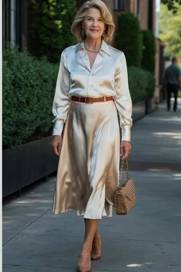 Elegant work outfit for women over 50: champagne satin blouse, satin midi skirt, brown belt, city street