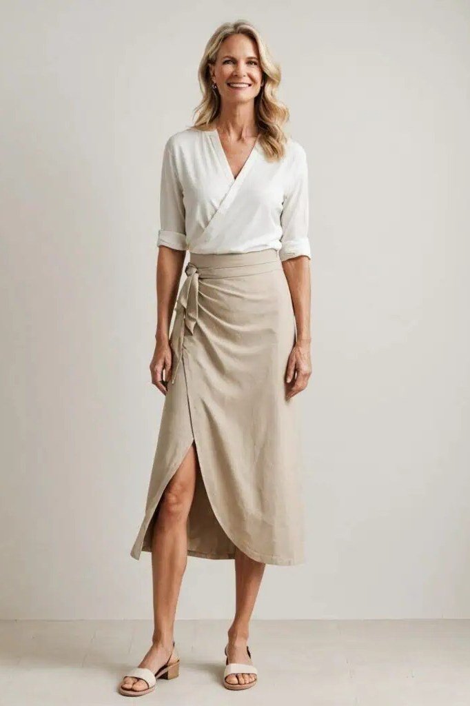 Elegant work outfit for women over 50: white wrap blouse, beige wrap midi skirt, studio