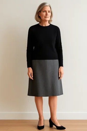 Elegant work outfit for women over 50: black knit top, grey a-line skirt, studio