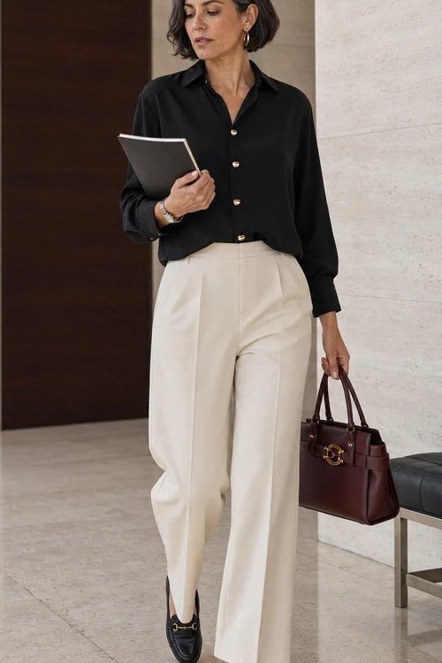 Elegant work outfit for women over 50: black shirt, cream wide-leg trousers, dark wood interior