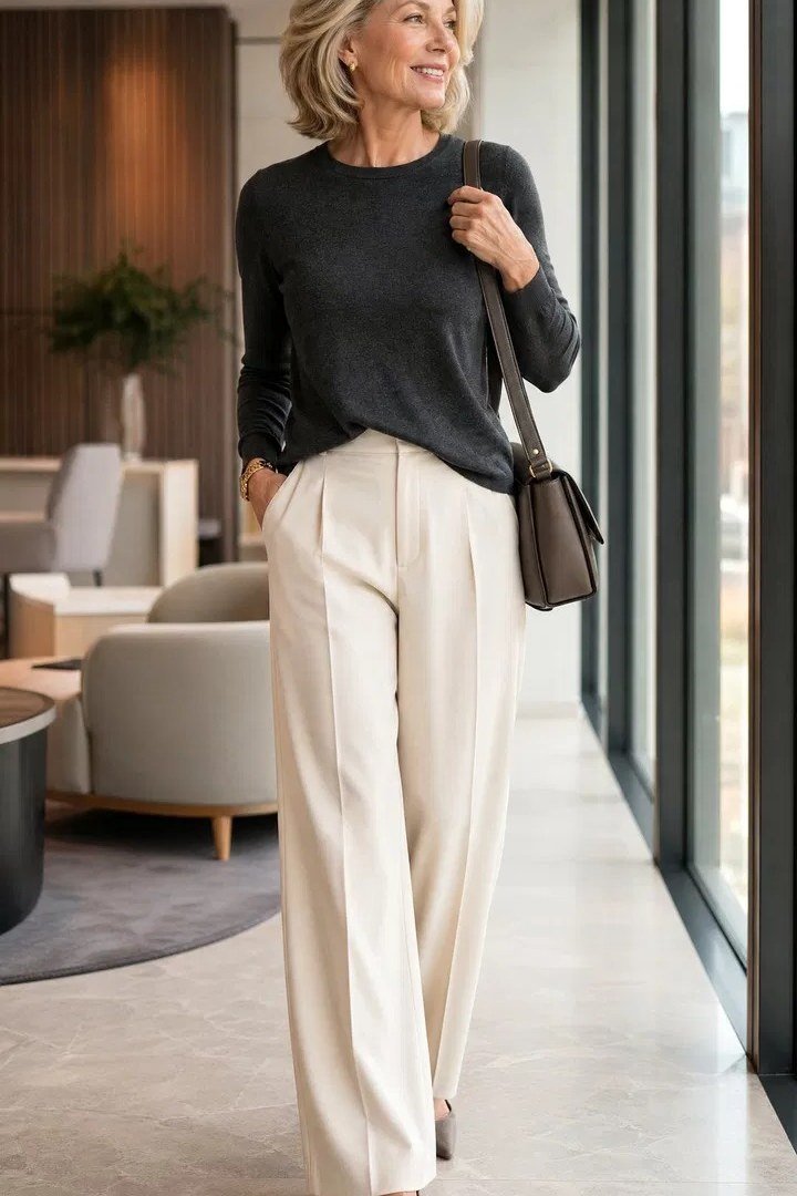 Elegant work outfit for women over 50: dark grey sweater, cream wide-leg trousers, brown crossbody bag, hallway interior