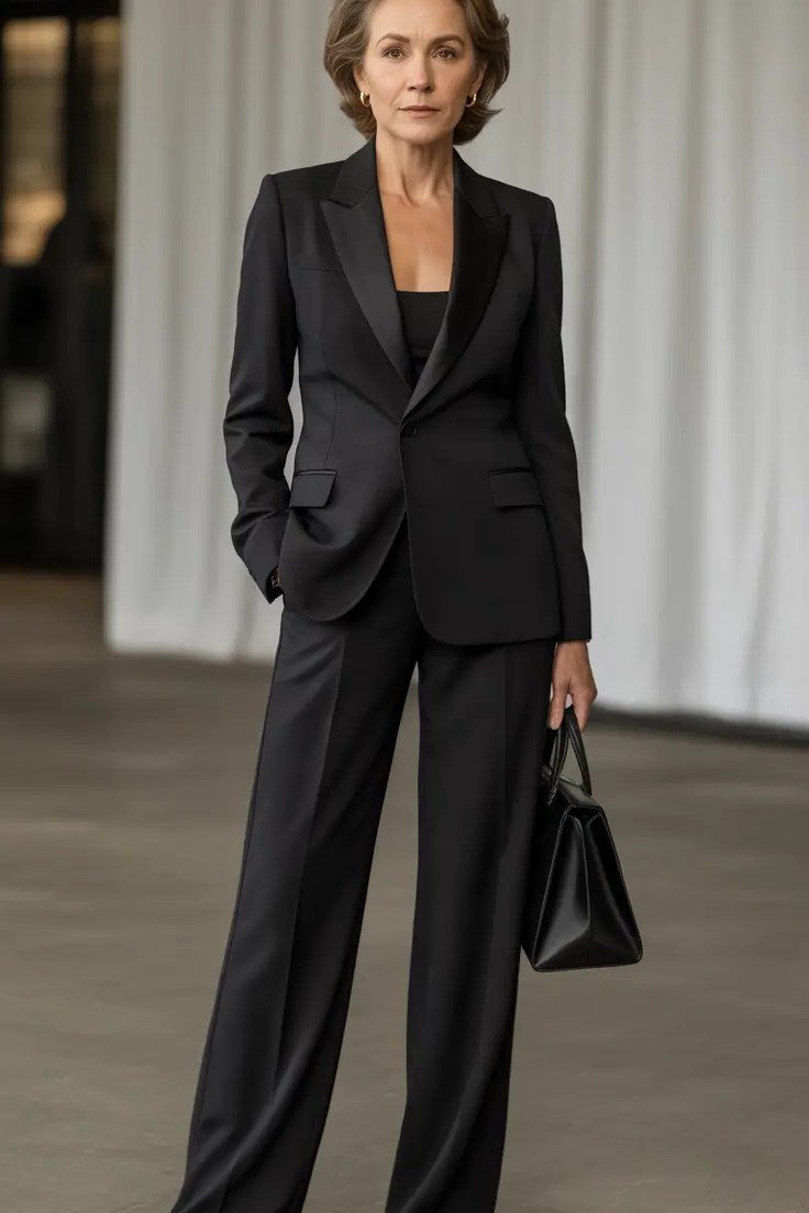 Elegant work outfit for women over 50: black tuxedo suit, black handbag, indoor