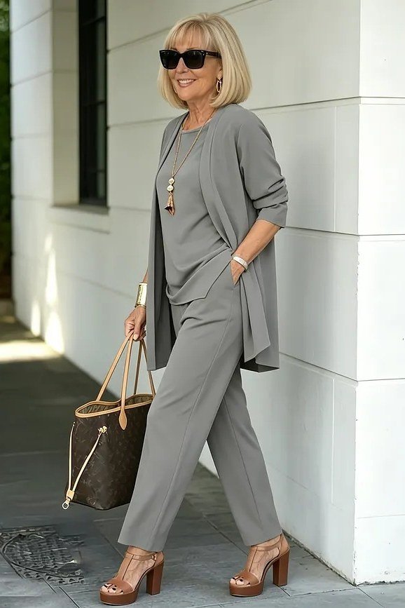 Elegant work outfit for women over 50: grey blazer, grey tunic, grey trousers, tote, white wall