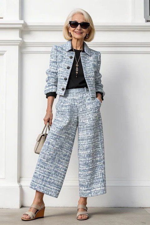 Elegant work outfit for women over 50: blue tweed jacket, tweed culottes, tan sandals